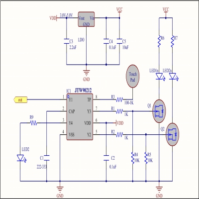 JTW90212一鍵雙開無極調(diào)光觸摸芯片電容觸控IC小家電LED方案開發(fā)